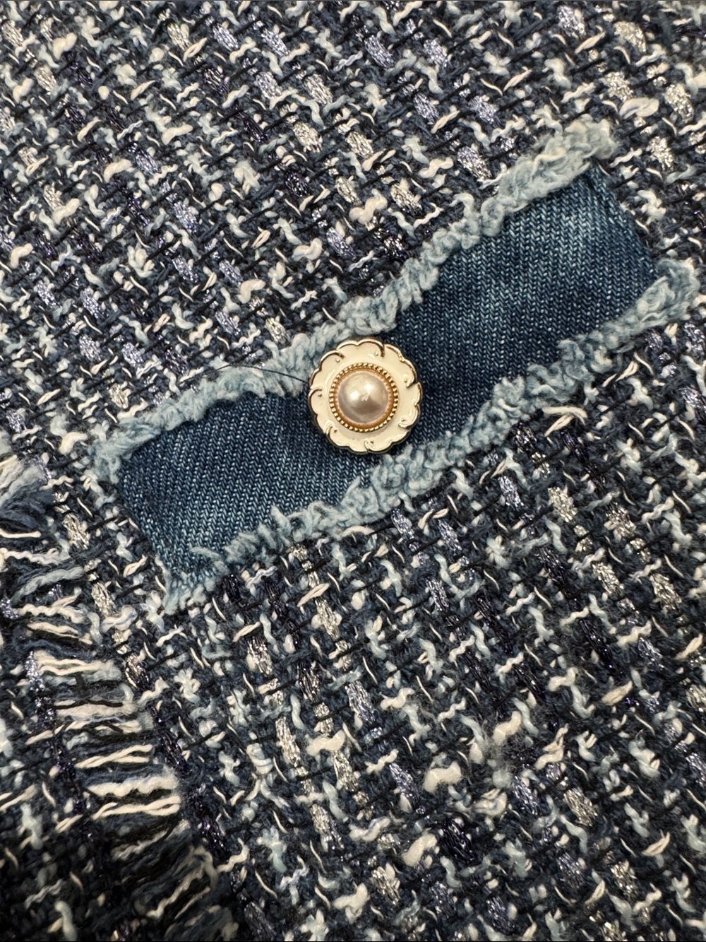 Nanette Lepore Blue‎ Tweed Jacket Women’s  Frayed Trim Metallic Blazer  Coat - Picture 8 of 9